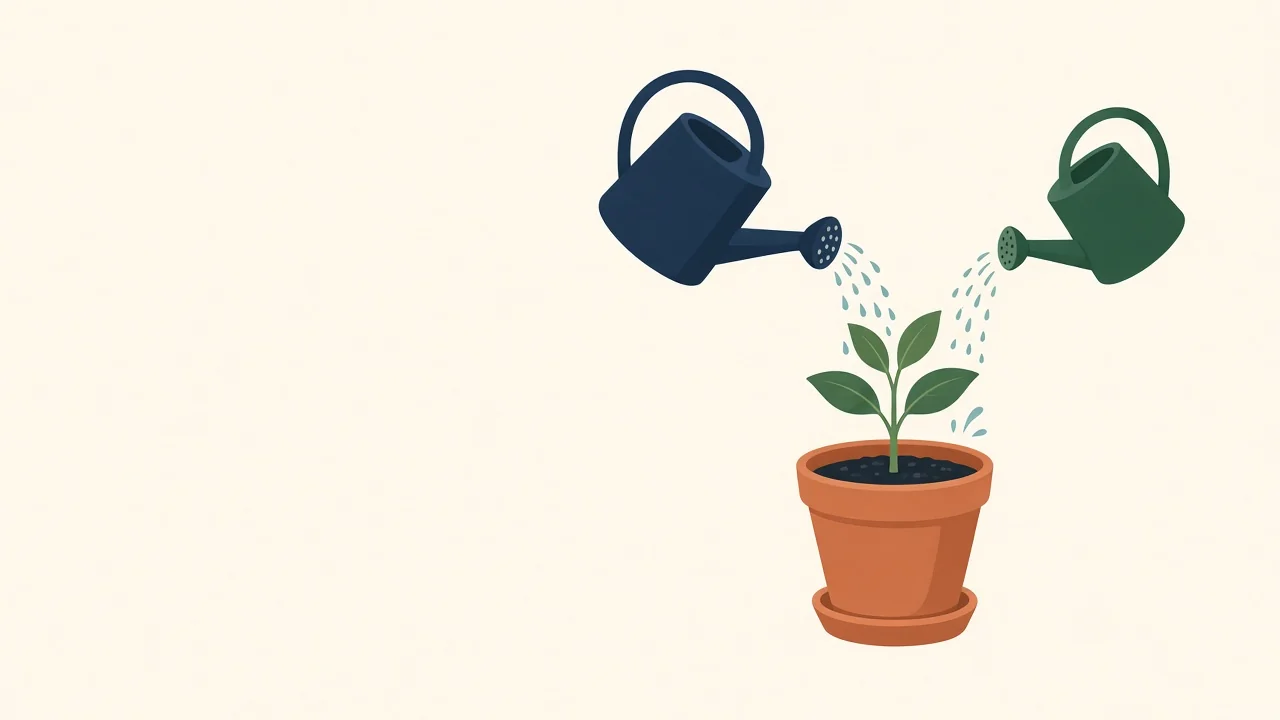 Illustration of a large and a small watering can pouring water into the same young plant.