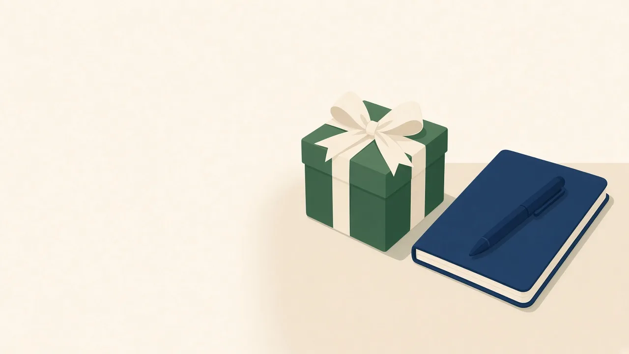 Illustration of a small wrapped gift box beside a closed notebook with a pen.
