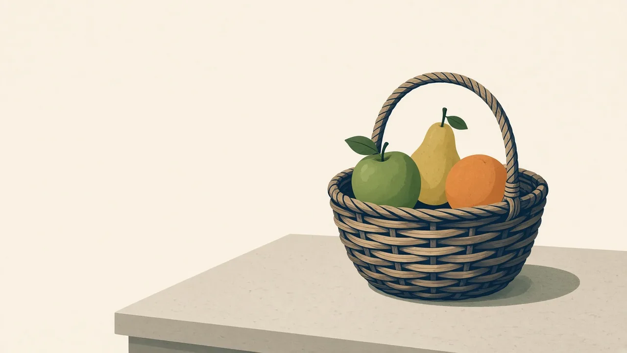Illustration of a woven basket holding an apple, a pear and an orange on a plain table.