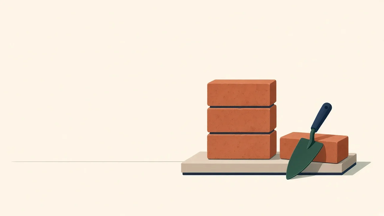 Illustration of a short stack of bricks on a foundation line, with one more brick and a trowel beside it.