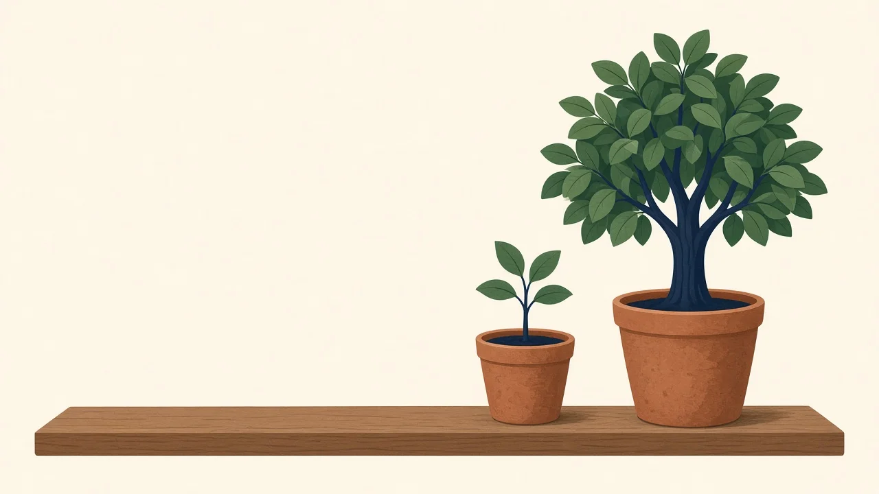 Illustration of a small seedling in a clay pot next to a tall tree in a matching pot.
