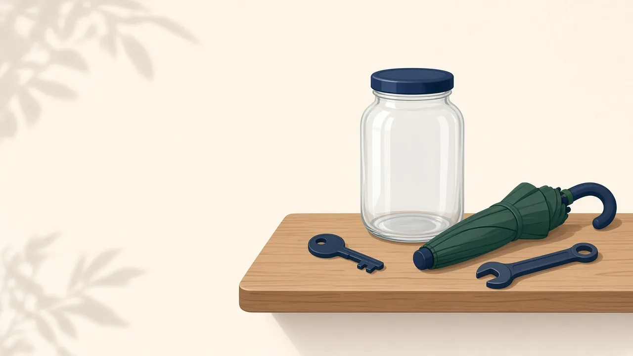 Illustration of a closed glass jar, a spare house key, a folded umbrella and a small wrench on a wooden shelf.