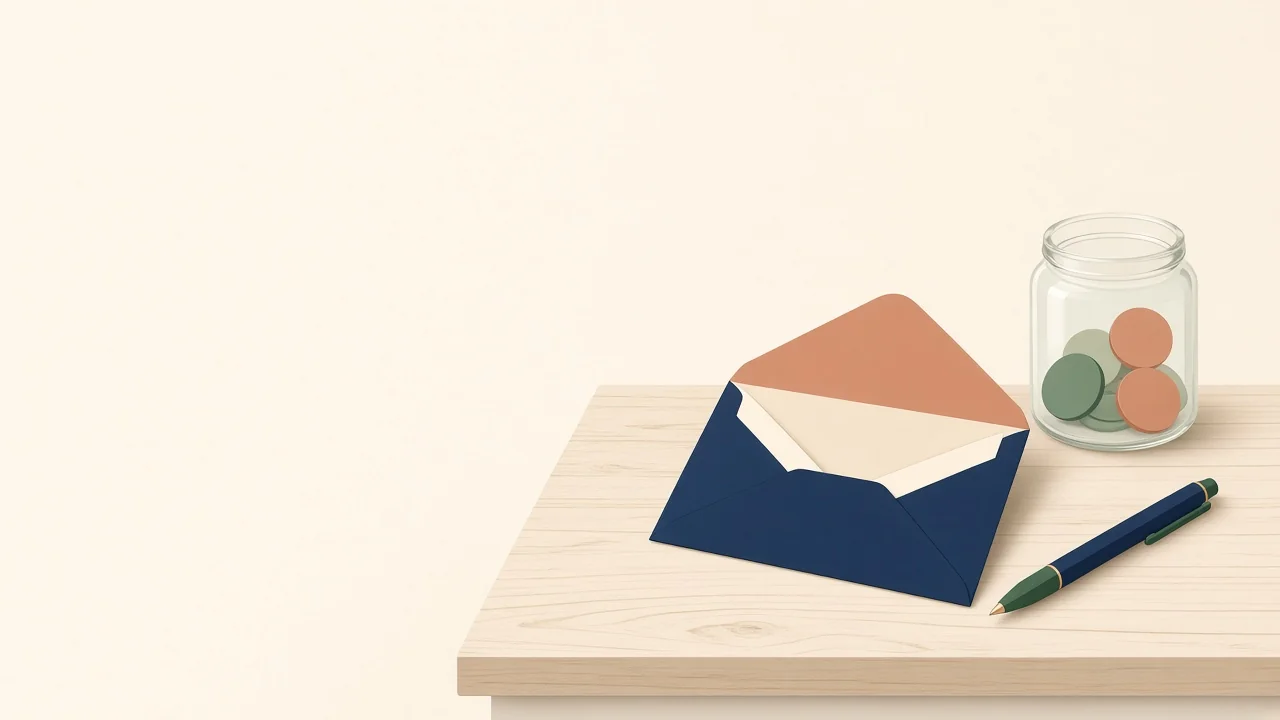 Illustration of an opened envelope on a desk next to a pen and a small jar of coins.
