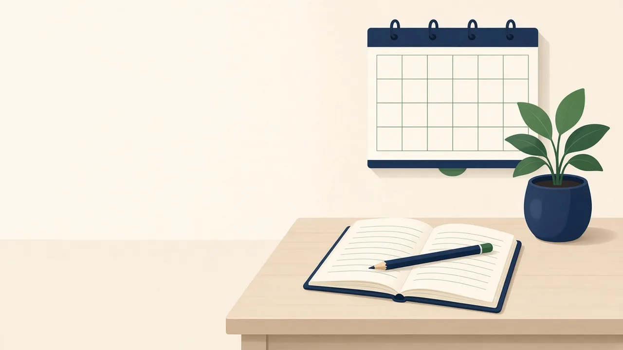 Illustration of a tidy desk with an open notebook, a pencil, a small potted plant and a blank wall calendar.