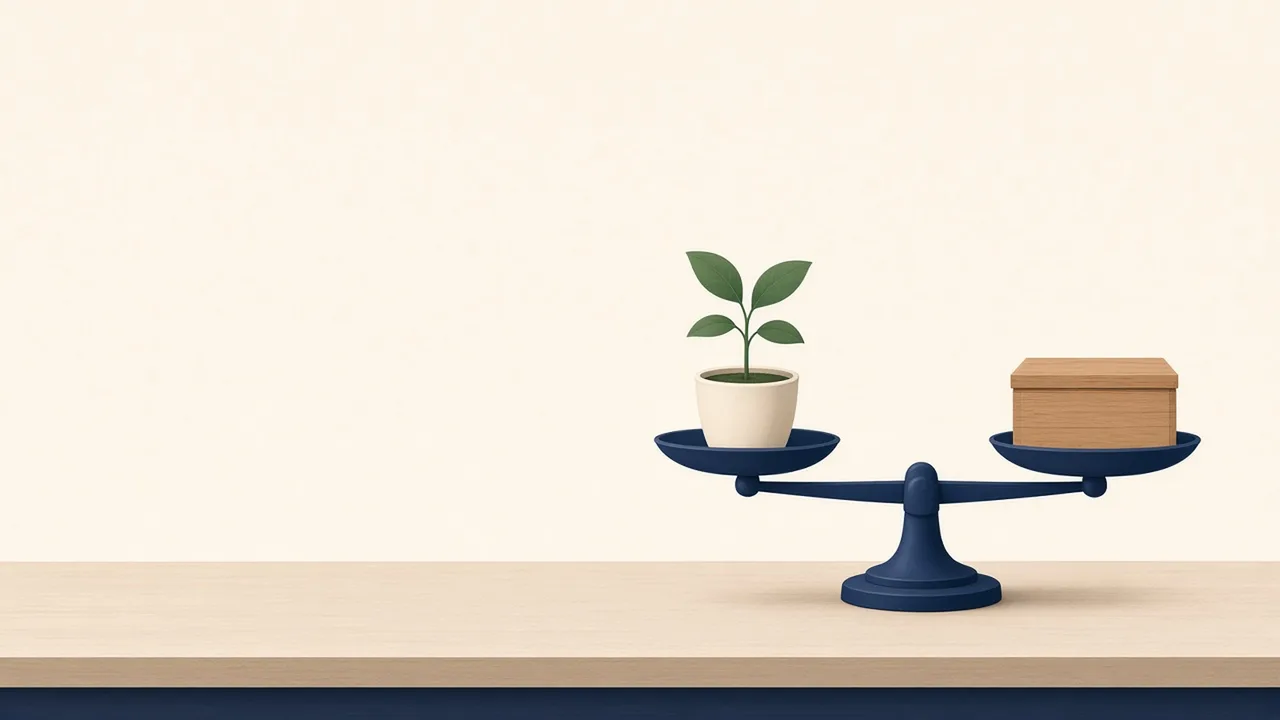 Illustration of a level two-pan balance scale with a small potted seedling on one pan and a closed wooden box on the other.