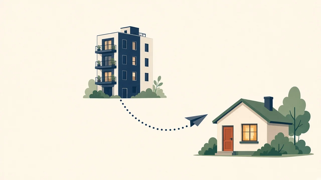 Illustration of a paper airplane following a dotted path from an apartment building to a small house with a lit window.