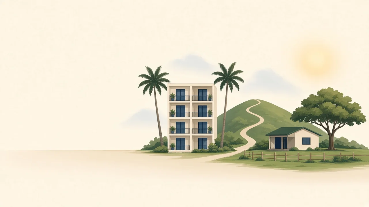 Illustration of a condo building with palm trees on one side of a green hill and a single-story house with a yard on the other, with a road winding over the hill between them.