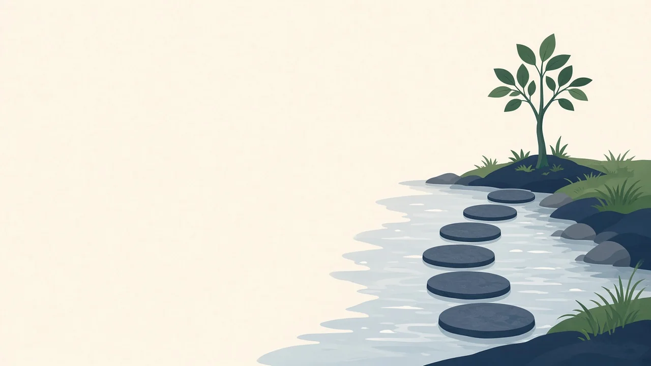 Illustration of six round stepping stones crossing a calm stream toward a small young tree.