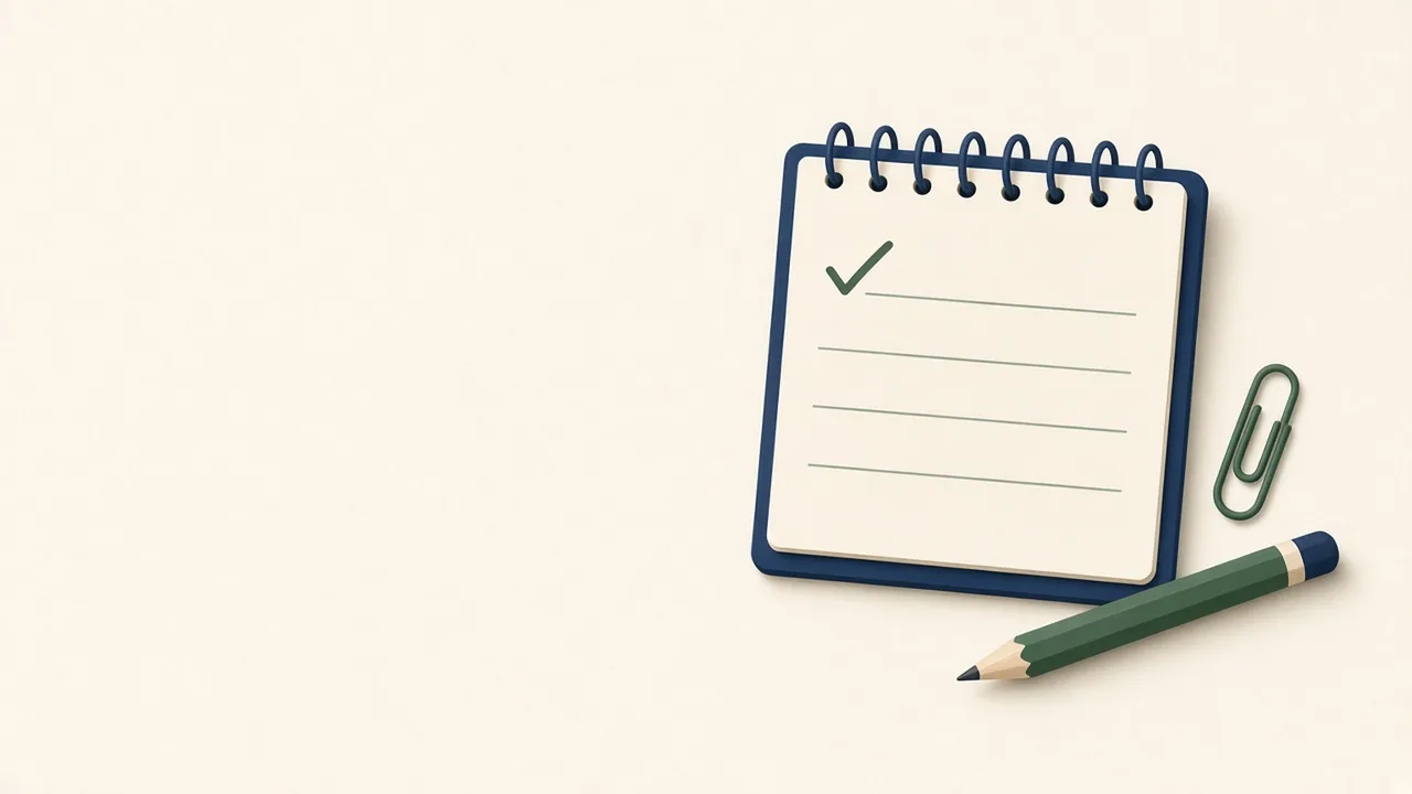 Illustration of a small notepad with four blank lines, the top one checked off, beside a pencil and a paper clip.